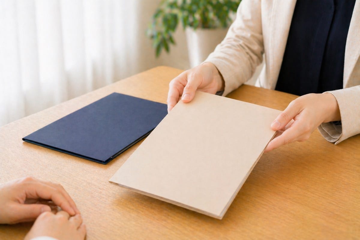 アドバイザーが厳選した1社の資料を相談者の前に差し出している手元
